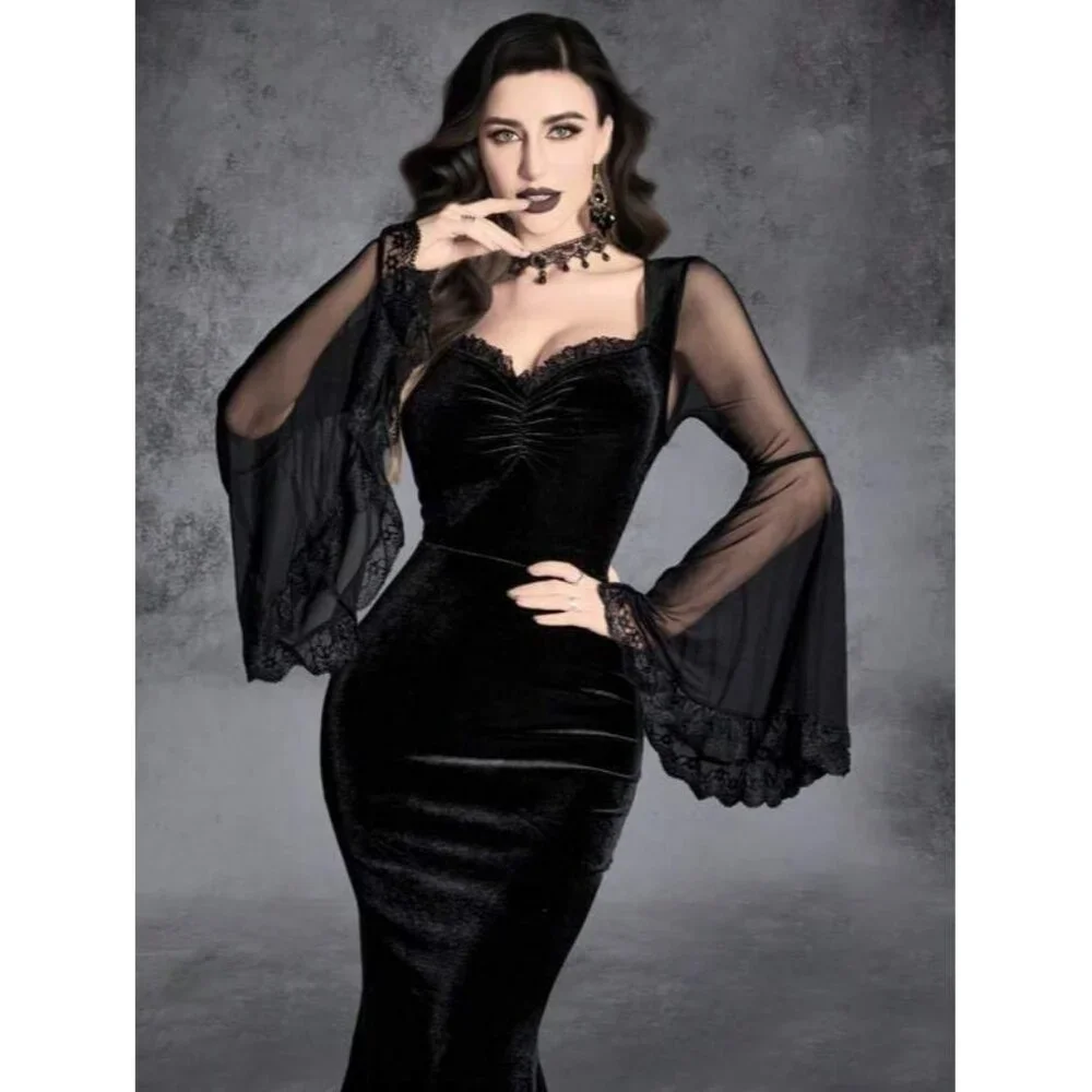 Luxurious Gothic Dress: Velvet Flounce Sleeve with Sweetheart Neck, Size Small - Picture 6 of 7